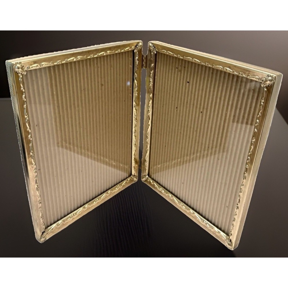 VTG Bifold Hinged Double Photo Frame 8x10 Ornate Gold Metal Regency MCM Retro